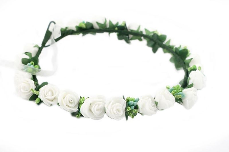 Handmade Floral Crown With Small Roses -White, Green (6 years - Adult)