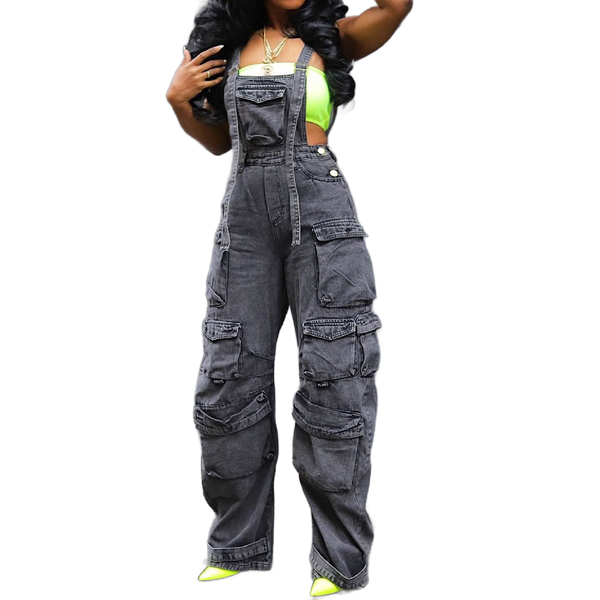 Women's Cargo Denim Overall Jumpsuit Wide Leg Bib Loose Baggy Casual Jeans