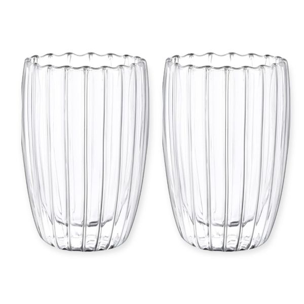 Set of 2 Coffee Milk Glasses Double Walled Ribbed Borosilicate Glass Cup