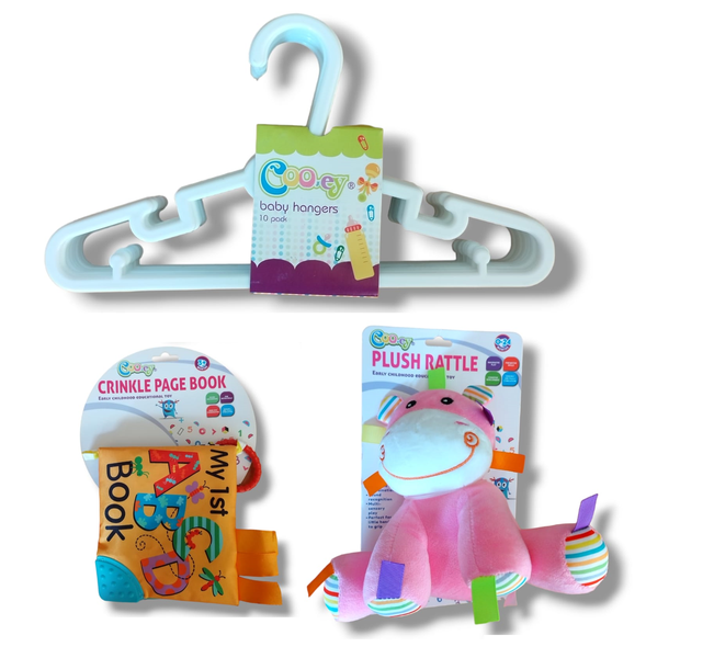 Cooey Baby Set of 3 - Hangers, Book &amp; Pink Plush Rattle