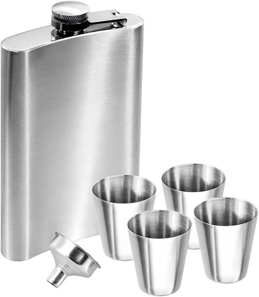Hip Flask &amp; Shot Glass 6 Piece Set Stainless Steel