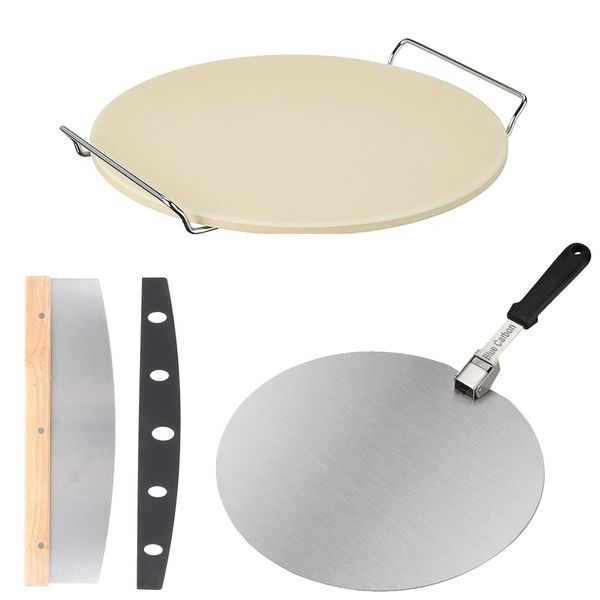 Blue Carbon 13-inch Pizza Stone Set with Foldable Steel Pizza Peel, Cutter