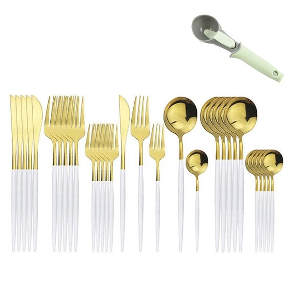 Optic 24 Gold Plating Cutlery Set-white with Ice Cream Scoop