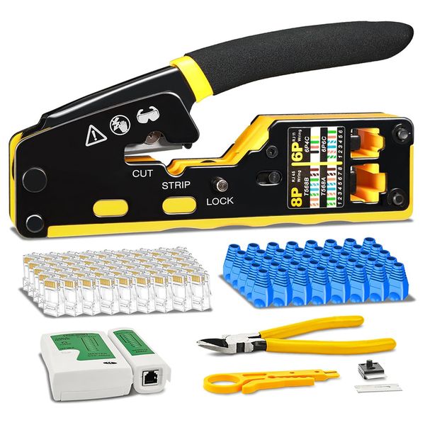 RJ45 Crimp Tool Kit With Tester, 50 Cat6 Plugs, Boots &amp; Stripper, 6P/8P