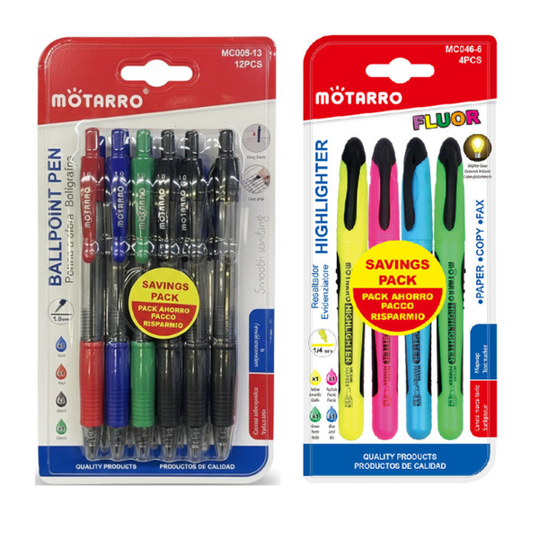 Motarro Stationery Set - 4 Highlighters &amp; 12 Ballpoint Pens