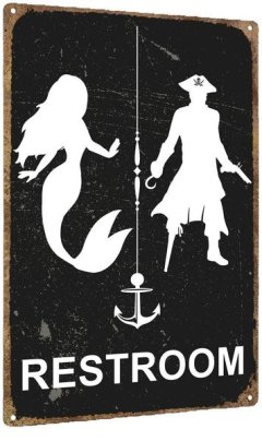 8x12" Nautical Vintage Restroom Sign, Mermaid Pirate Ocean Beach Decor