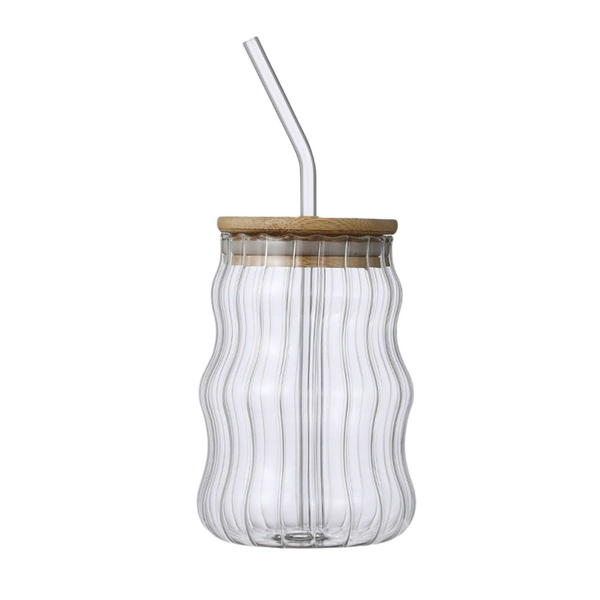 500ml Wave Shaped Glass Cup with Straw and Lid