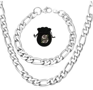 Solid Bulky Stainless Steel Figaro Men Necklace &amp; Bracelet Set