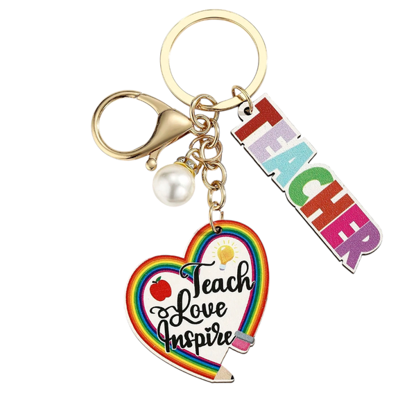 Rainbow Heart Design with Pearl Teacher Appreciation Keychain - Multicolor