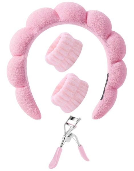 3 Piece Cloud Plush Headband &amp; Wristbands With Eyelash Curler - Baby Pink