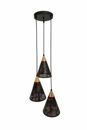 Modern Black &amp; Gold Cone 3-Light Geometric Pendant Light-MRUL