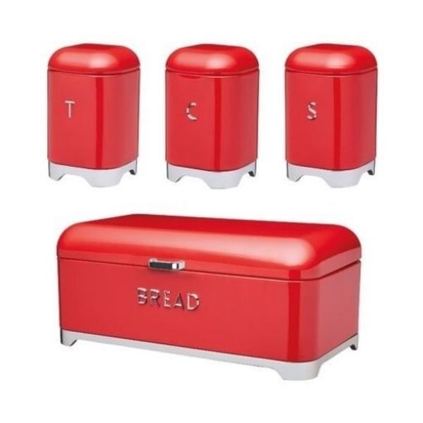 Bread bin &amp; Canister Set 4 Piece Retro Red &amp; Silver