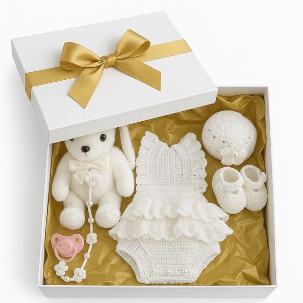 White Handmade Crochet Baby Gift Set - Romper, Shoes, Hat &amp; Soft Toy