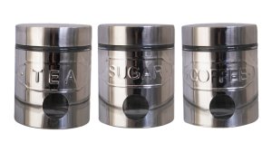 3 Piece Glass Canister Set with Stainless Steel Casing-Sugar, Coffee &amp; Tea Set