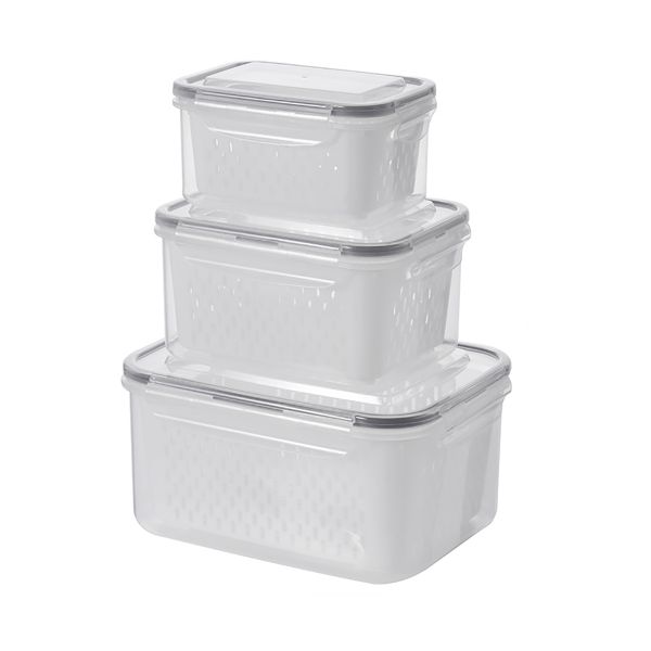 3 Piece Fruit Storage Containers Organizer for Fridge with Removable Colanders