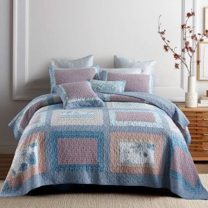 Luxurious Patchwork Bedspread 100% Cotton Quilted Embroidered-BlueOxford