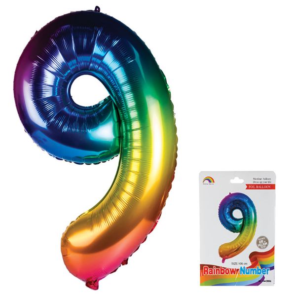 Balloon - Aluminium Foil - Metallic Rainbow - Number 9 - 106cm - 10 Pack