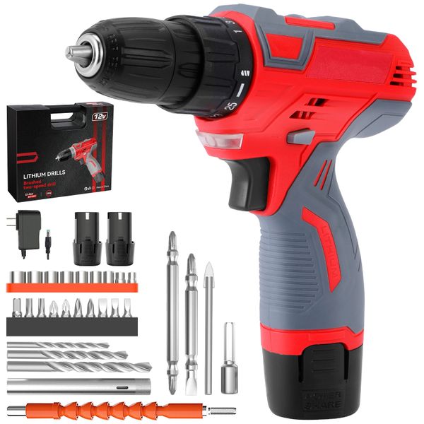 12V Cordless Drill Set Electric Driver/Drill Bits with 2 Battery