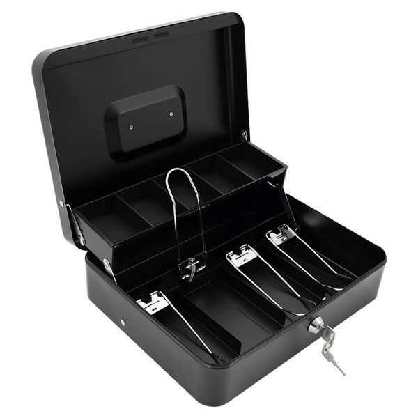 Lockable metal cash box tray with multiple compartments, portable home safe