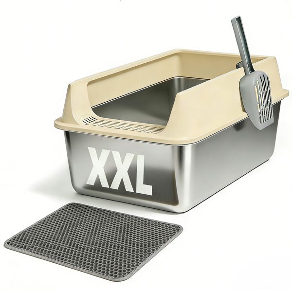 Stainless Steel Cat Litter Box Large With Litter Mat &amp; Scoop - Khaki