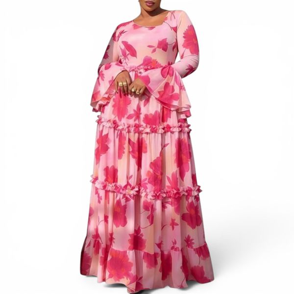 GlammeFab Flare Sleeve Floral Print Maxi Dress-Pink