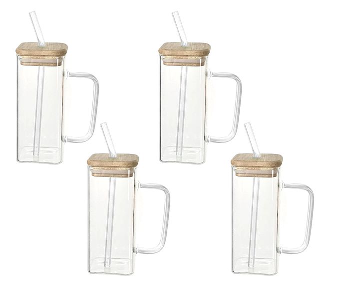 350 ml Square Cocktail Glass With Bamboo Lid and Straw - 4 Pack