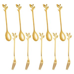 5Spoon+5Forks Stainless Steel Leaf Spoon Fork Dessert Spoons, Golden