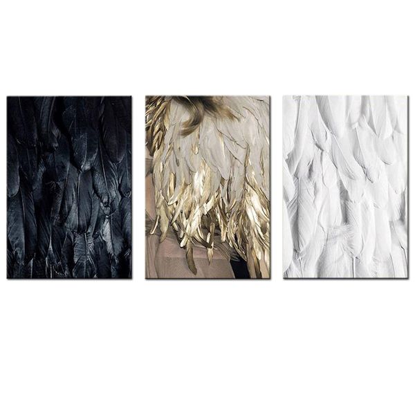 Canvas-Art-3 Pieces Black, Gold &amp; White Feathers Decorative Wall Art