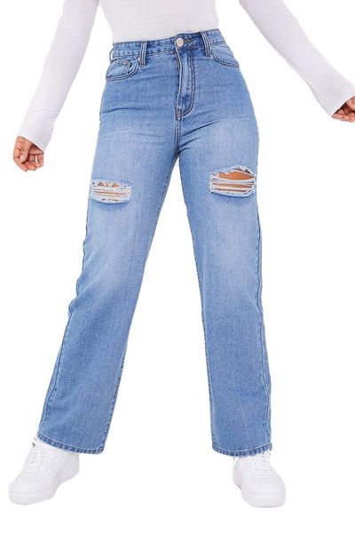 I Saw it First - Ladies Mid Wash Thigh Rip 90 S Straight leg Jeans