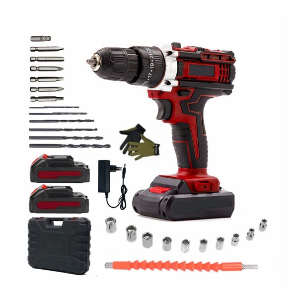 26pc Cordless Lithium Electric Drill Set With Batteries Carry Case &amp; Gloves