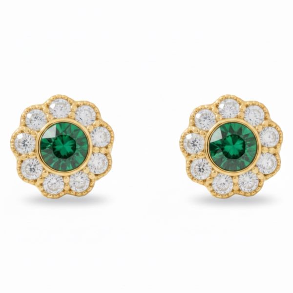 Civetta Spark Daisy Flower Studs - Swarovski Emerald Crystal Gold