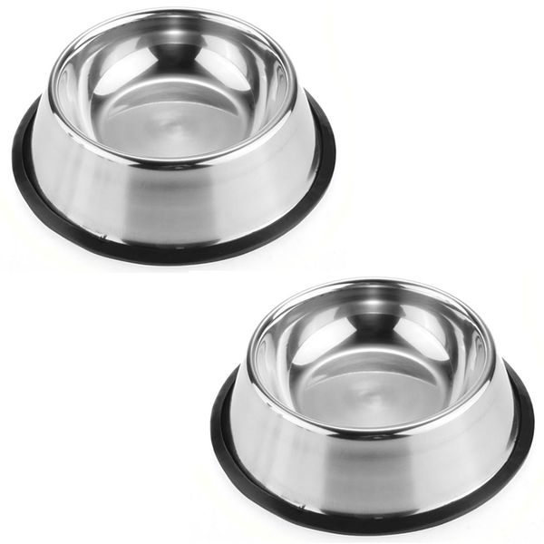 2x Stainless Steel 22cm Dog/Cat Bowls with Rubber Non-Slip Base