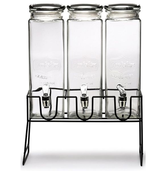 Triple Serve Glass Beverage Dispenser Set with Metal Stand