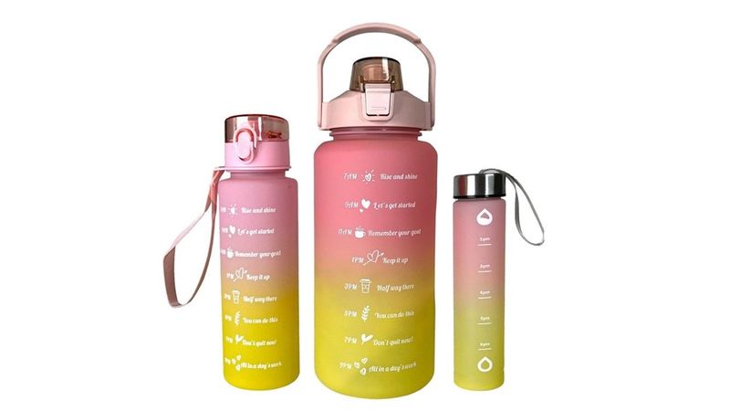 3 Piece Water Bottles | 2L, 1L, 0.5L | Pink and Yellow | Motivational
