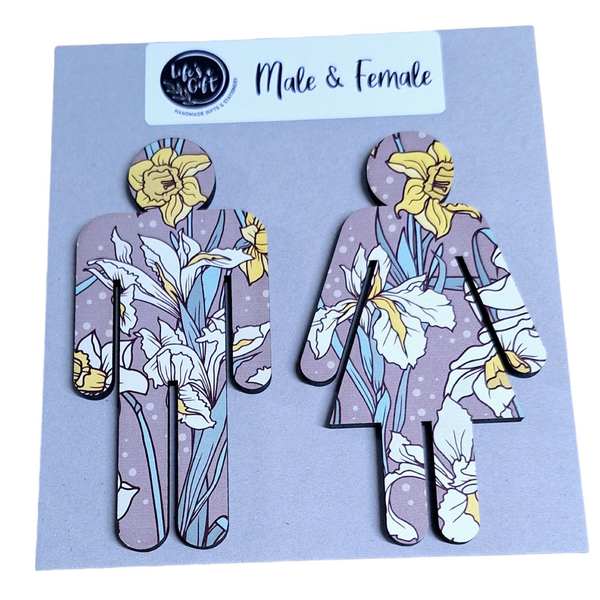 Male &amp; Female Bathroom Wall Art - White &amp; Yellow Orchids on Purple