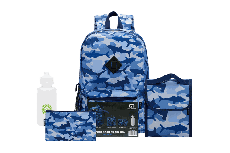 Quest 4-Piece Shark Camo Backpack Set Blue - Durable School Bag for Kids