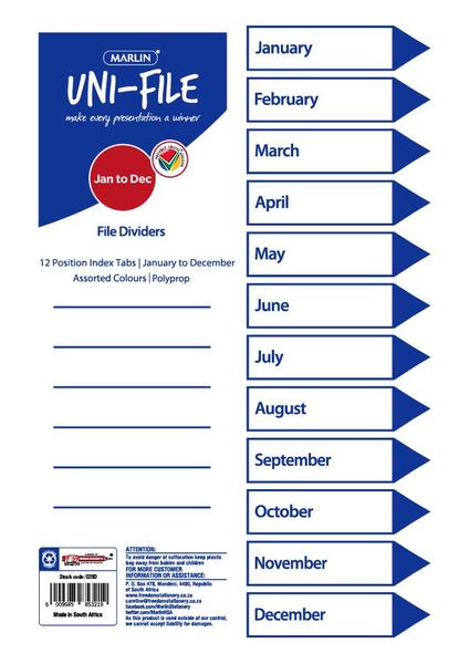 Marlin File dividers / indexes Polyprop: Jan. to Dec. - BULK PACK OF 10