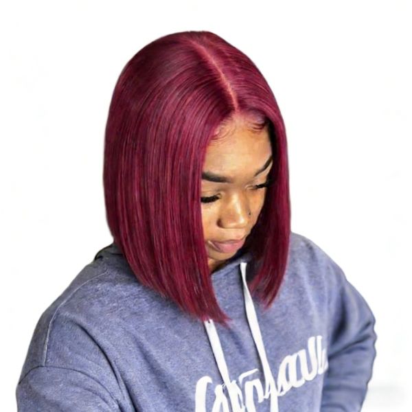 Wine red short straight Bob wig, lace natural hairline on the forehead