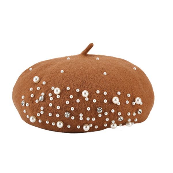 Winter Pearl Beret Hat for Women - Brown