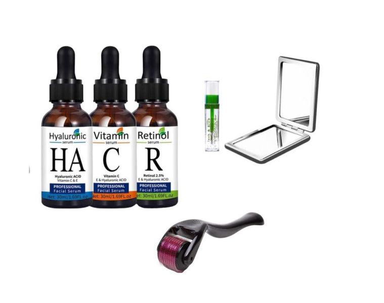 Serum Set: Vitamin C, Hyaluronic Acid &amp; Retinol, Mirror, Brow &amp; Derma Roller