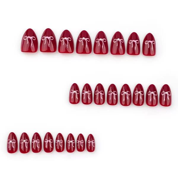 Red Nails Short Almond Christmas Press On Nails With Pearls Cute Fake Nail